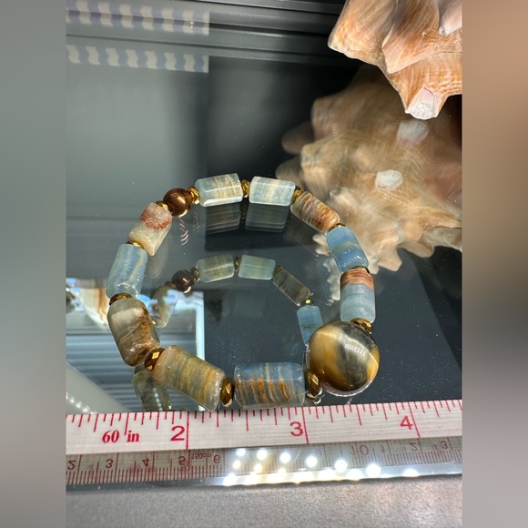 LEMURIAN AQUATINE BARRELS + YELLOW TIGERS NATURAL STONES BRACELET size 7” - Picture 8 of 10